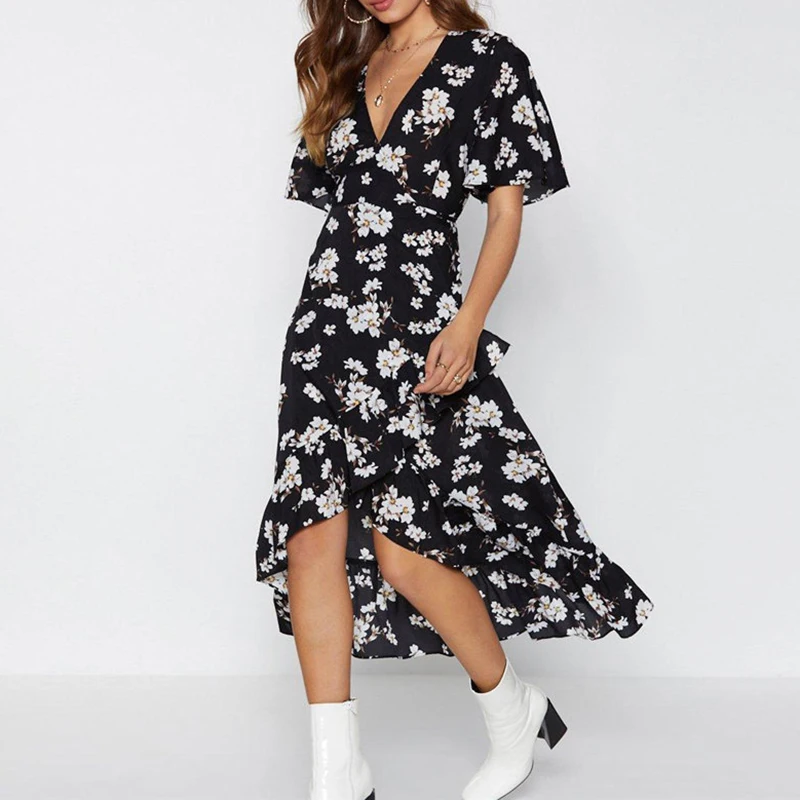 Boho Цветочный принт летнее пляжное шифоновое платье Для женщин Винтаж с коротким