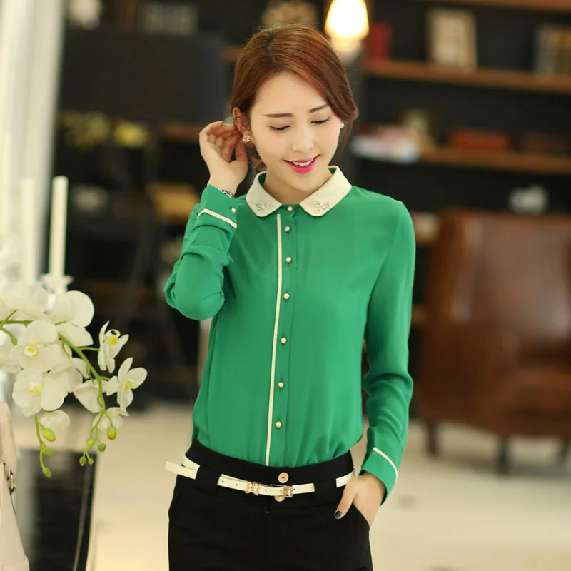 Новый 2015 осенью мода женщины твердые блузки горячая распродажа с длинным рукавом