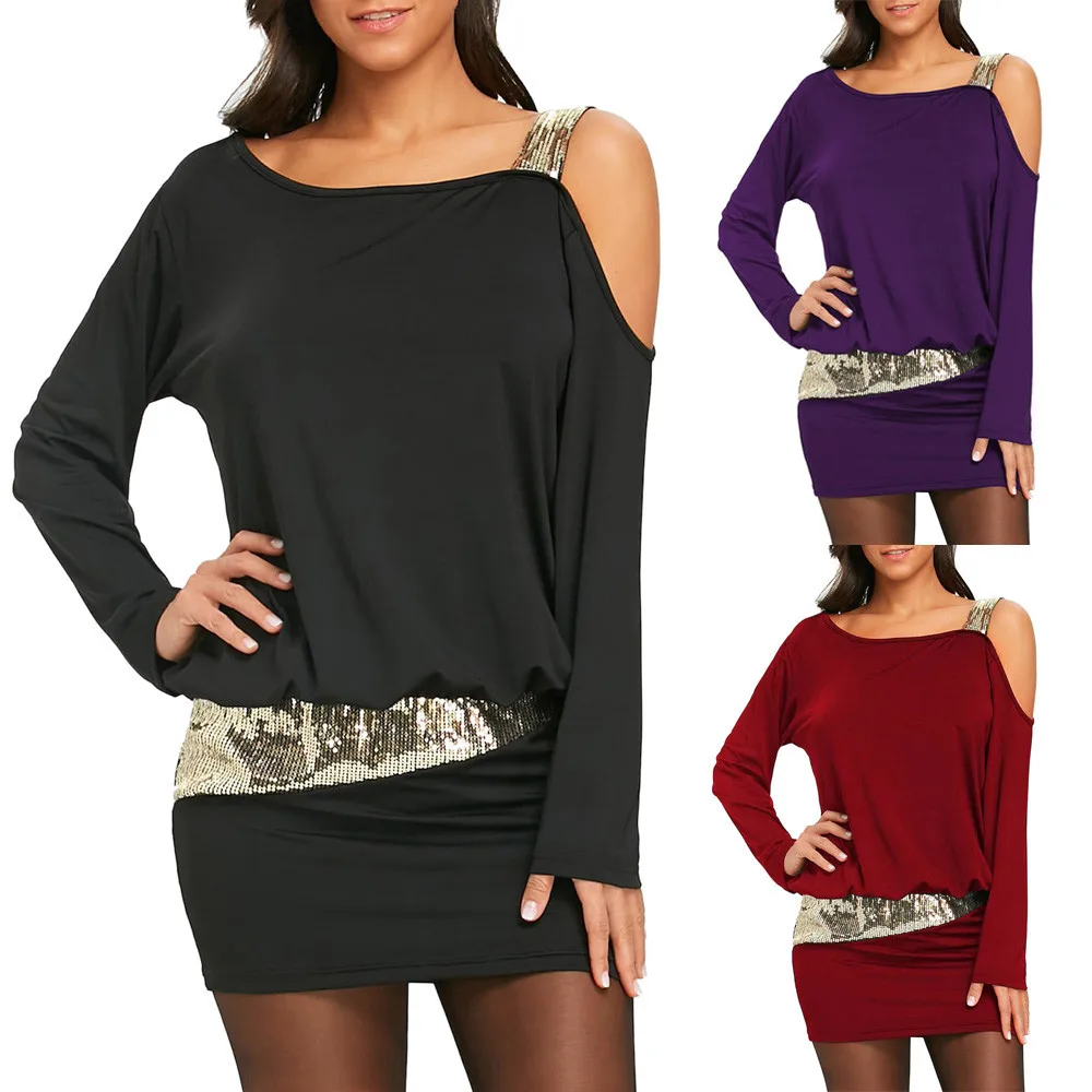 Летнее платье женское черное облегающее с длинным рукавом и блестками открытыми