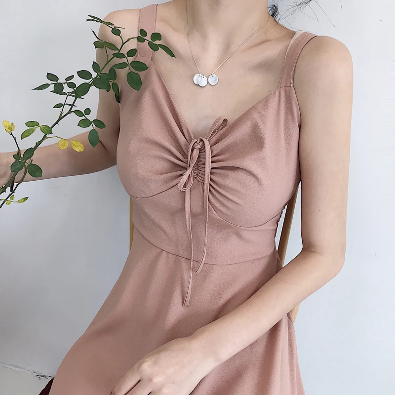 2018 Бесплатная доставка Весна ретро тонкий сексуальный Слинг платье розовый