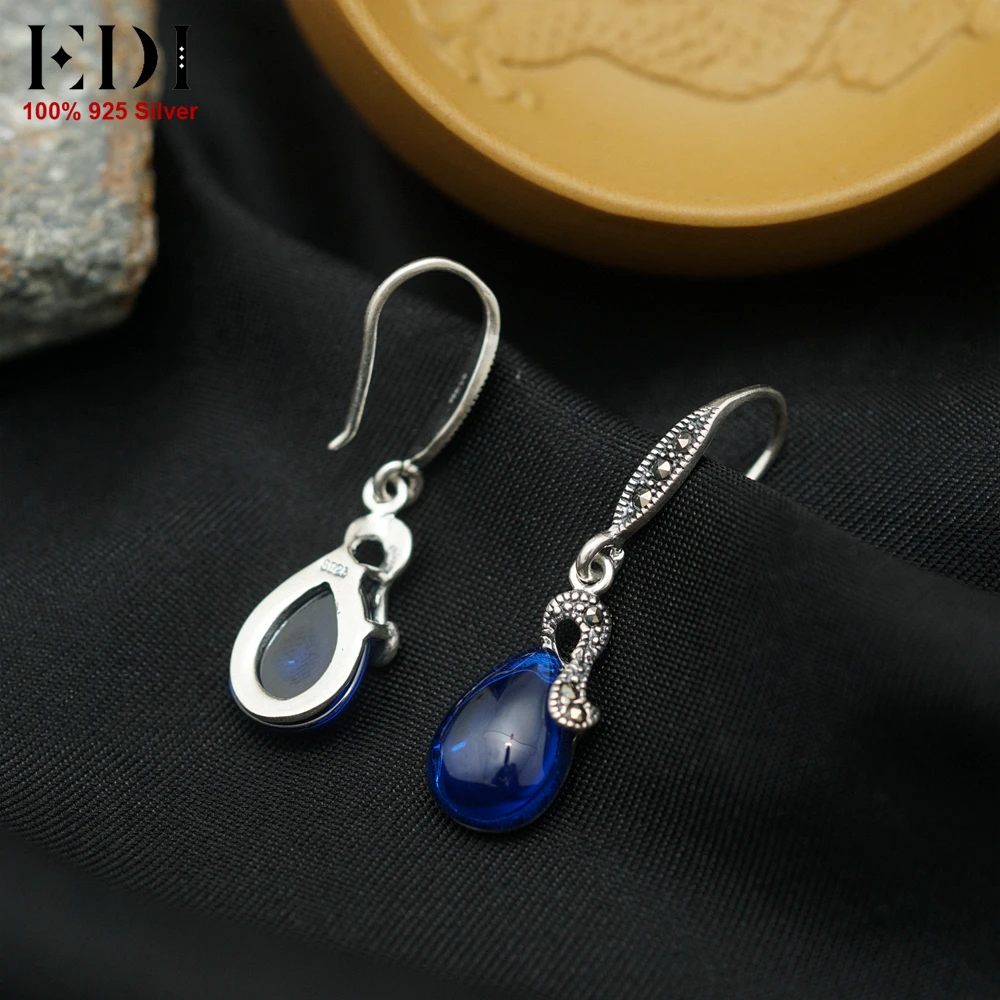 EDI падения стерлингового серебра 925 серьги для женщин синий сапфир шпинель