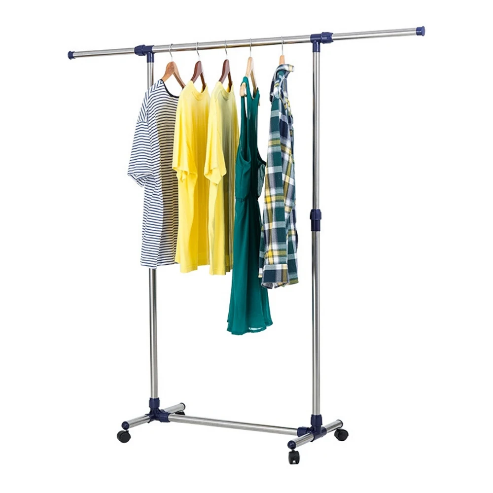 Portable Single Rod Extendable Clothes Rack Garment Rack with Wheels Multiuse