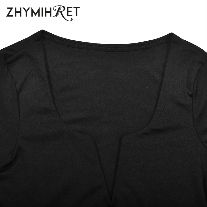 ZHYMIHRET 2018 Осень Зима тонкая футболка с глубоким v образным вырезом для женщин