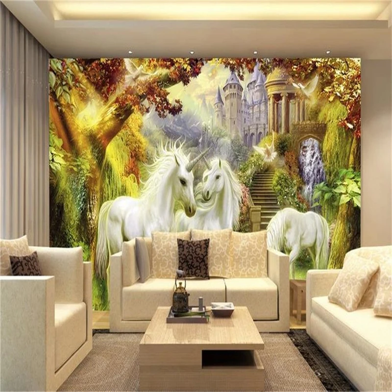 beibehang 3D room wallpaper high-end custom murals non-woven wall sticker European forest horse photo TV background | Обустройство
