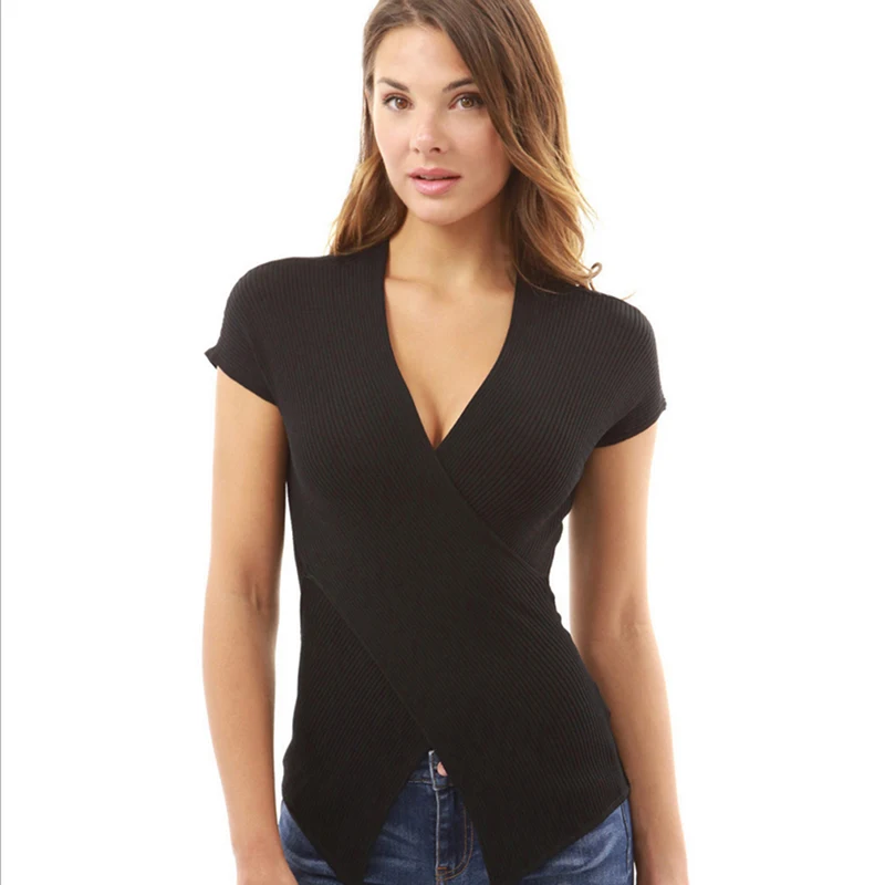 Женская трикотажная блузка летняя рубашка с коротким рукавом серый черный v