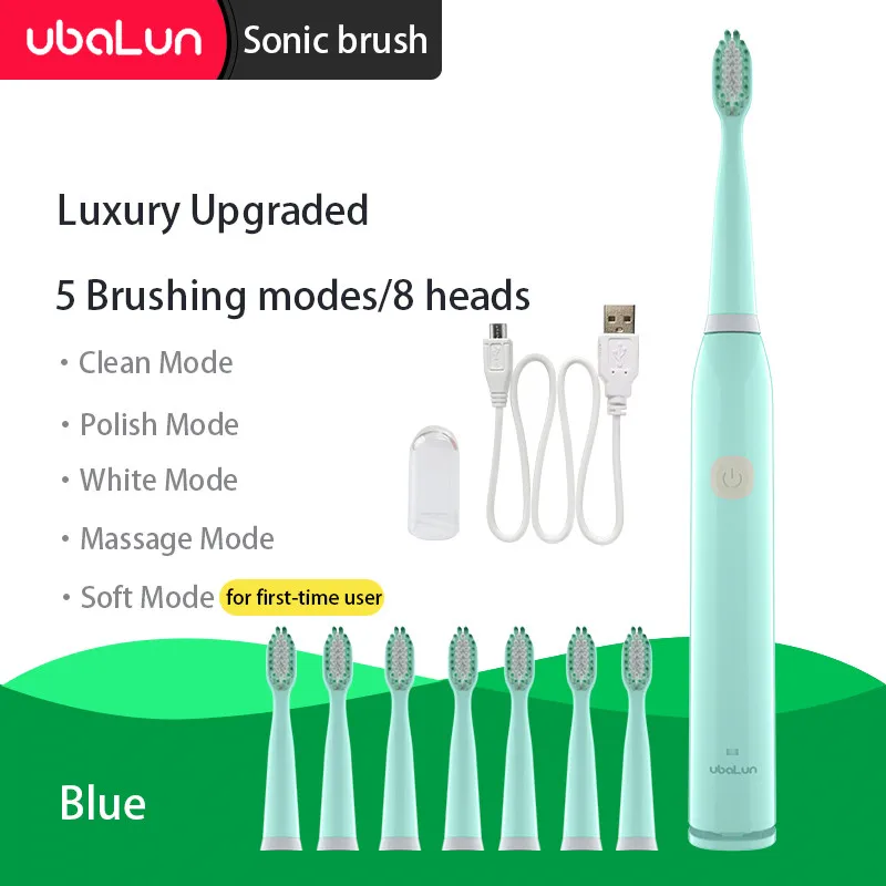 Blue 5 modes 8 heads UBALUN Электрический Зубная щётка 5 режимов зубная щетка электрическая перезарядки зубные электрическая щетка 8 сменная насадка для Sonic Зубная щётка - Цвет: Blue 5 modes 8 heads
