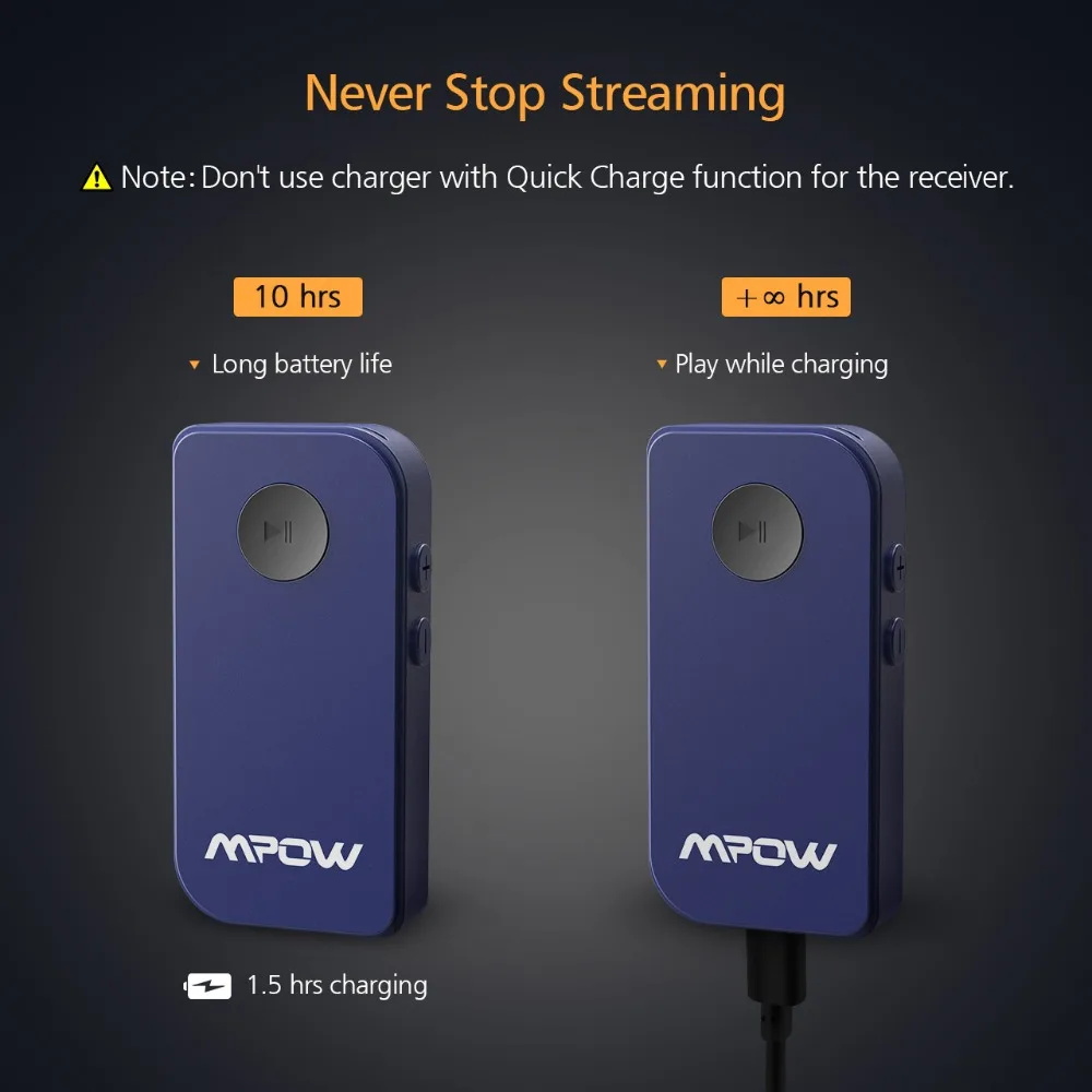 Mpow беспроводной bluetooth-приемник 3,5 мм разъем Bluetooth аудио музыкальный приемник адаптер с автомобильным Aux кабелем для наушников и динамиков