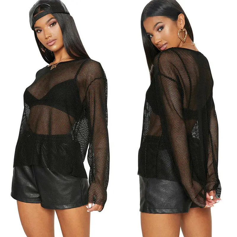 Сексуальная женская футболка черный белый сетчатый топ с сеткой прозрачные рубашки повседневные свободные