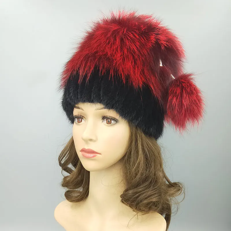 Wine red fox Зимняя женская шапка из натурального меха норки, натуральный Лисий мех, большой помпон, дизайнерская модная теплая шапка в полоску, женская шапка из настоящего меха, вязаная норковая шапка - Цвет: Wine red fox