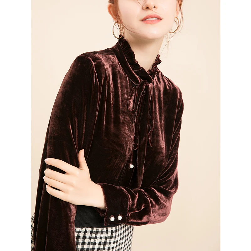 Silk Velour 2018 Shirt OL Mulberry Top Women Long Sleeve Winter Blouses M/L/XL FREE SHIPPING |