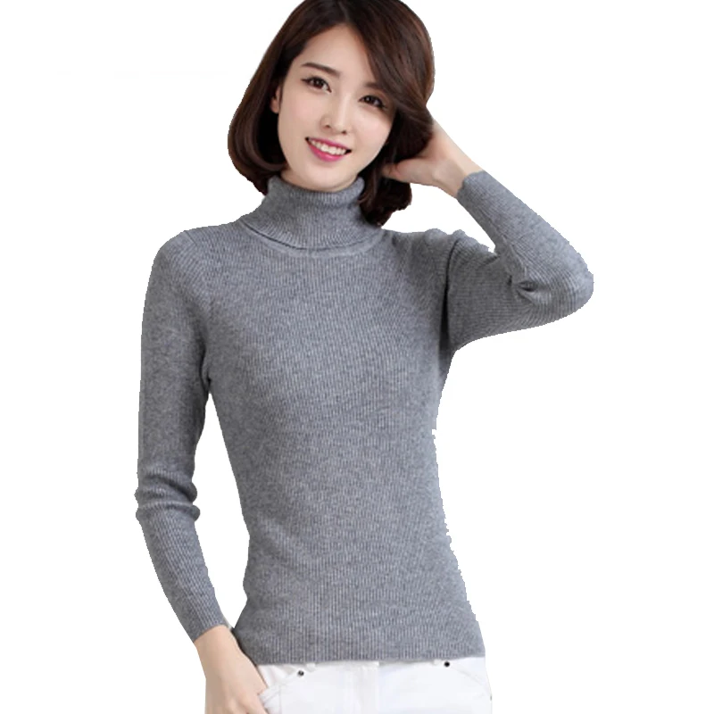 Slim fit cashmere rib jumpers for women winter thick high neck sweaters ladies black white red grey khaki turtleneck knitwear | Женская