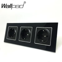3 eu shuko socket wallpad luxury black crystal glass frame triple16a plug eu shuko wall socket outlet with hooks