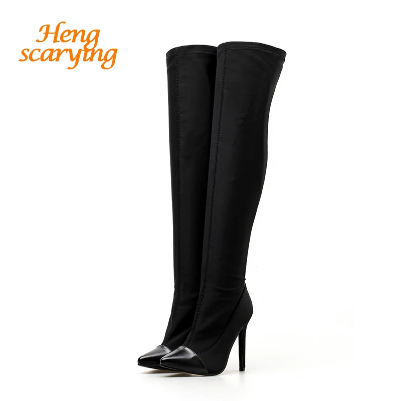 Весна 2020 женские высокие сапоги выше колена на высоком каблуке 11 см весенние