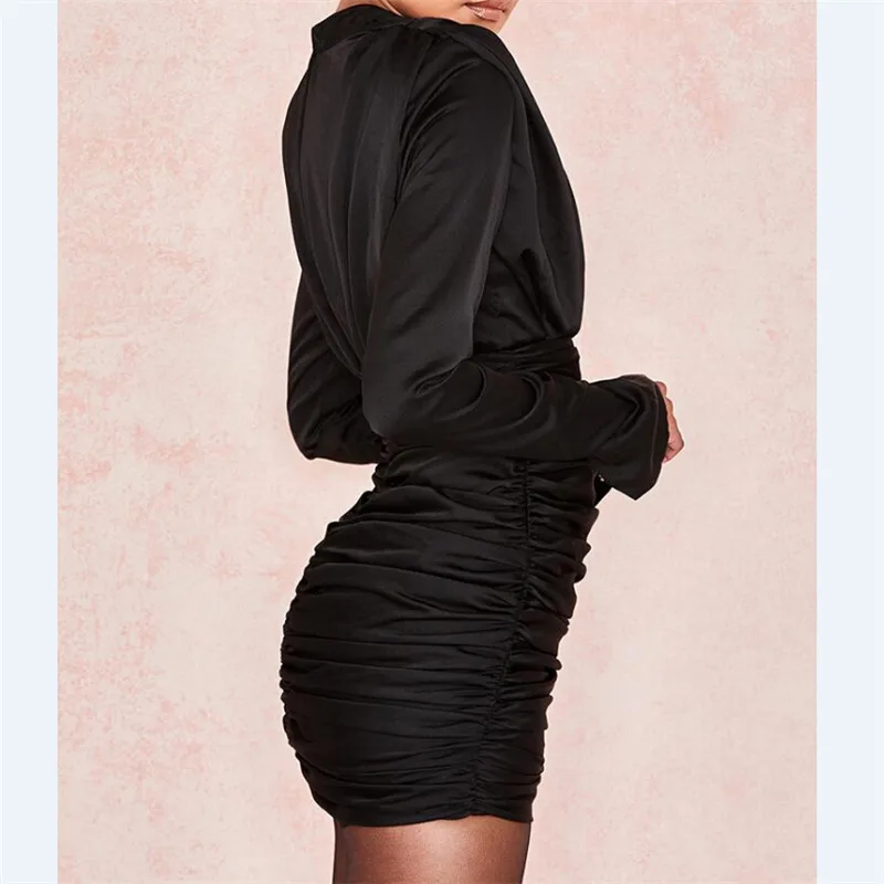 JuneLove пикантные Винтаж Ruched платье Женская водолазка мини с длинным рукавом Bodycon