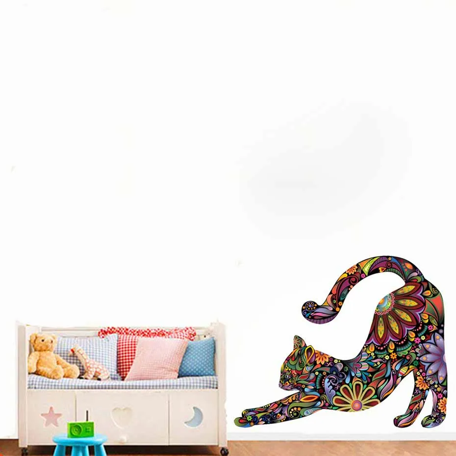 Растягивающийся Кот яркий цветочный узор силуэт цветной стикер на стену для