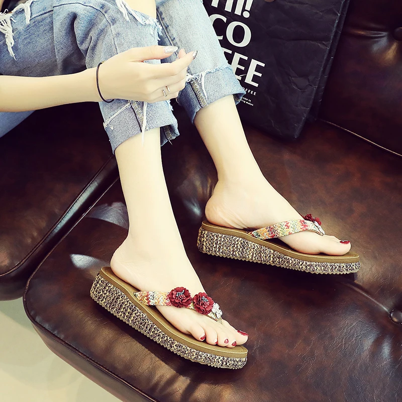 

2019 Summer Beach Shoes Women High Platform Sandals Wedge Flip Flops Slope Handmade Beach Slippers Female heel-height 4.5cm