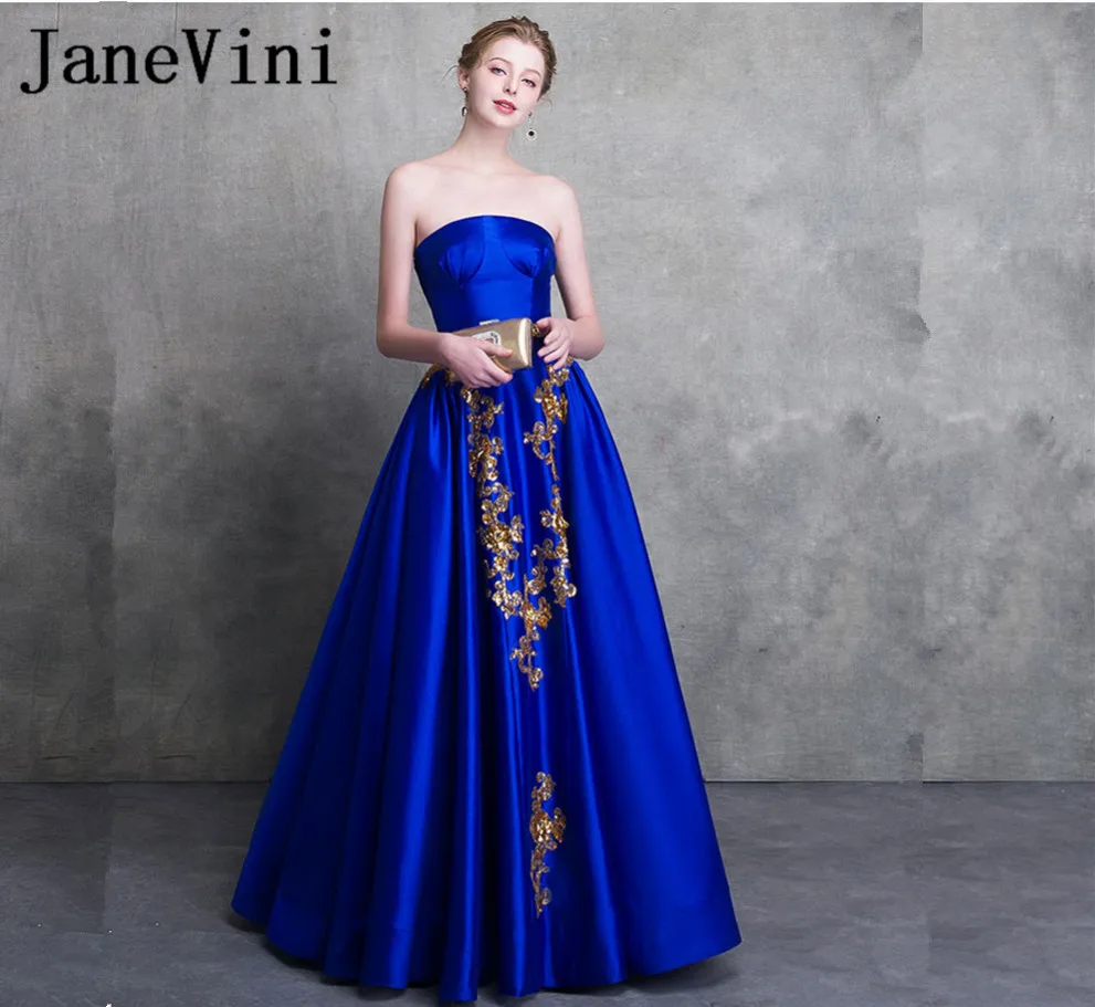 

JaneVini Royal Blue Long Bridesmaid Dresses Satin A-Line Sequins Gold Lace Applique Beading Floor Length Girls Formal Prom Gowns