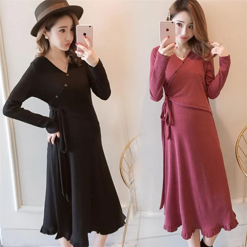 

Autumn Winter Knitted Maternity Nursing Dress Breastfeeding Clothes for Pregnant Women Spring Pregnancy Breast Feeding Dress