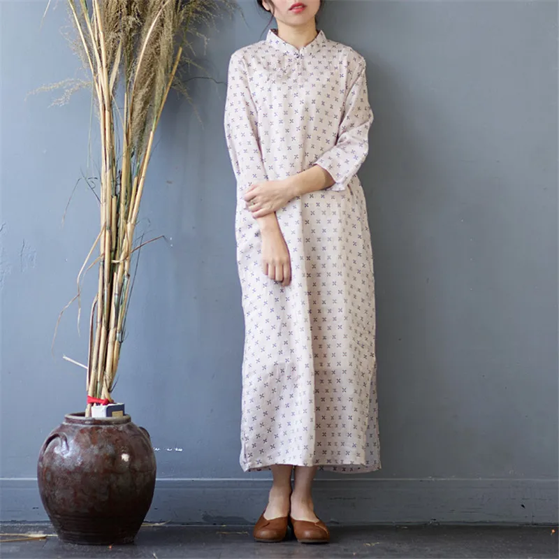 

SCUWLINEN 2020 Vestidos Women Spring Summer Dress Vintage Chinese Style Elegant Print Side Split A-line 100% Ramie Dress S509