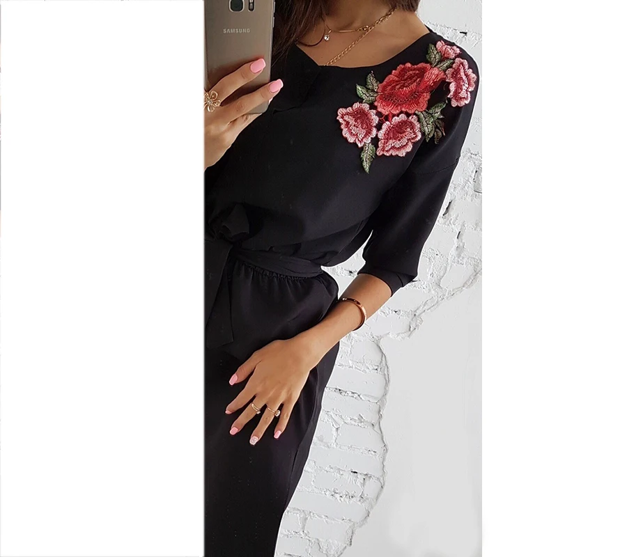 Для женщин Винтаж элегантные с коротким рукавом и аппликацией платье