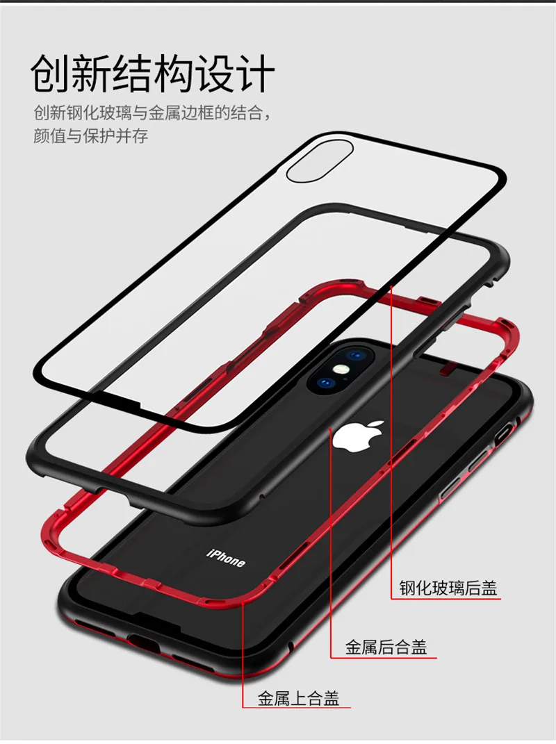 Магнитный адсорбционный чехол для IPhone X прозрачное закаленное стекло +