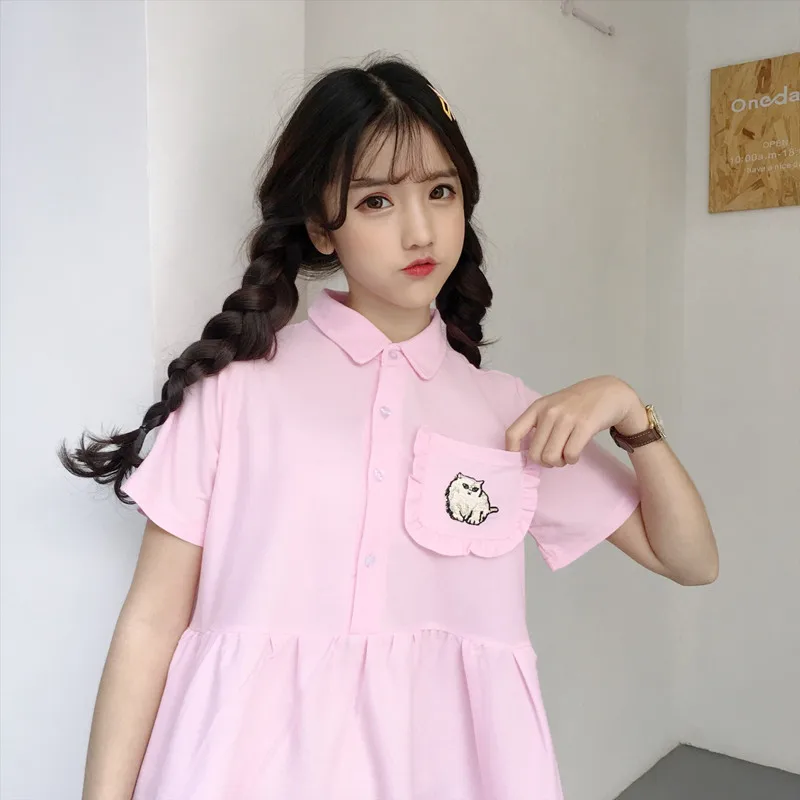 Розовое милое платье с вышивкой в виде кота женские платья Ins Girl Kawaii Ulzzang Женская