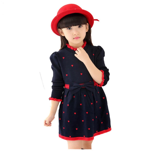 2018 Осенне-зимнее платье для девочек сладкий лук шерсти Вязание круглый вырез