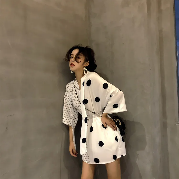 Женская Длинная блузка в горошек с поясом и V образным вырезом|Блузки| |