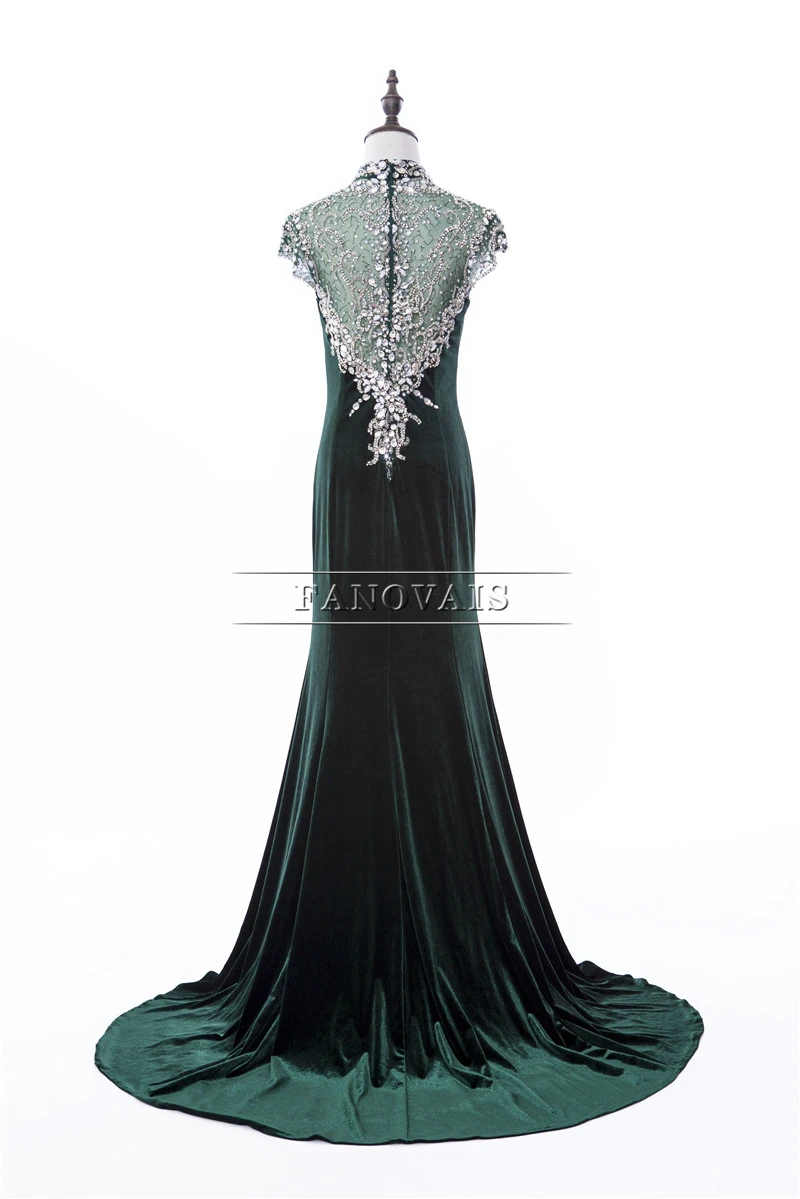 Настоящее изображение 2019 бархатное вечернее платье с высоким воротом в Дубае