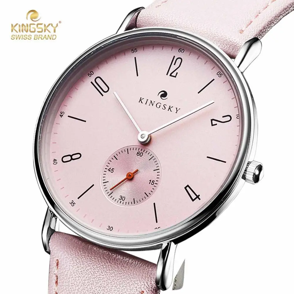 M102pink Милые розовые женские часы Kingsky, повседневные аналоговые кварцевые часы с кожаным ремешком, модные женские часы, маленькие секундные Часы relogio feminino - Цвет: M102pink