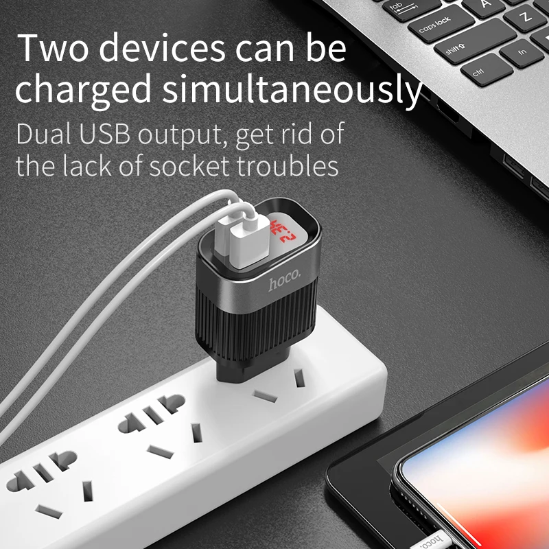 HOCO двойной USB зарядное устройство ЕС США Великобритания вилка адаптер путешествия настенное зарядное устройство с светодиодный дисплей для iPhone Xiaomi huawei samsung мобильный телефон