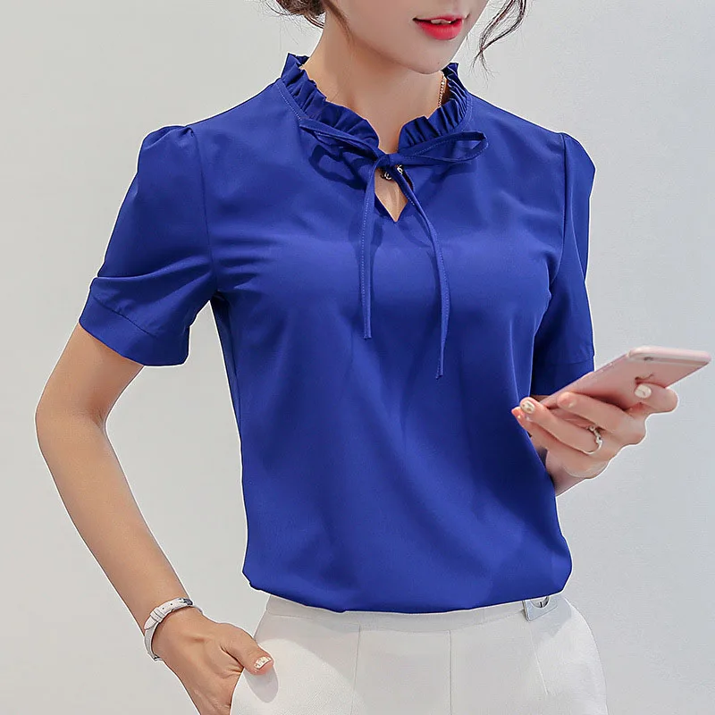

Women Summer Style Chiffon Slim Blouses Shirts Casual Short Sleeve Bow Tie Ruffles Collar O-Neck Blusas Tops DF1439