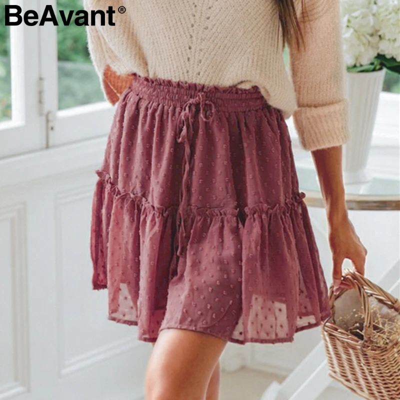 BeAvant Boho летняя плиссированная мини-юбка женская короткая юбка в горошек с высокой талией розовая трапециевидная шифоновая юбка с цветочным принтом и рюшами