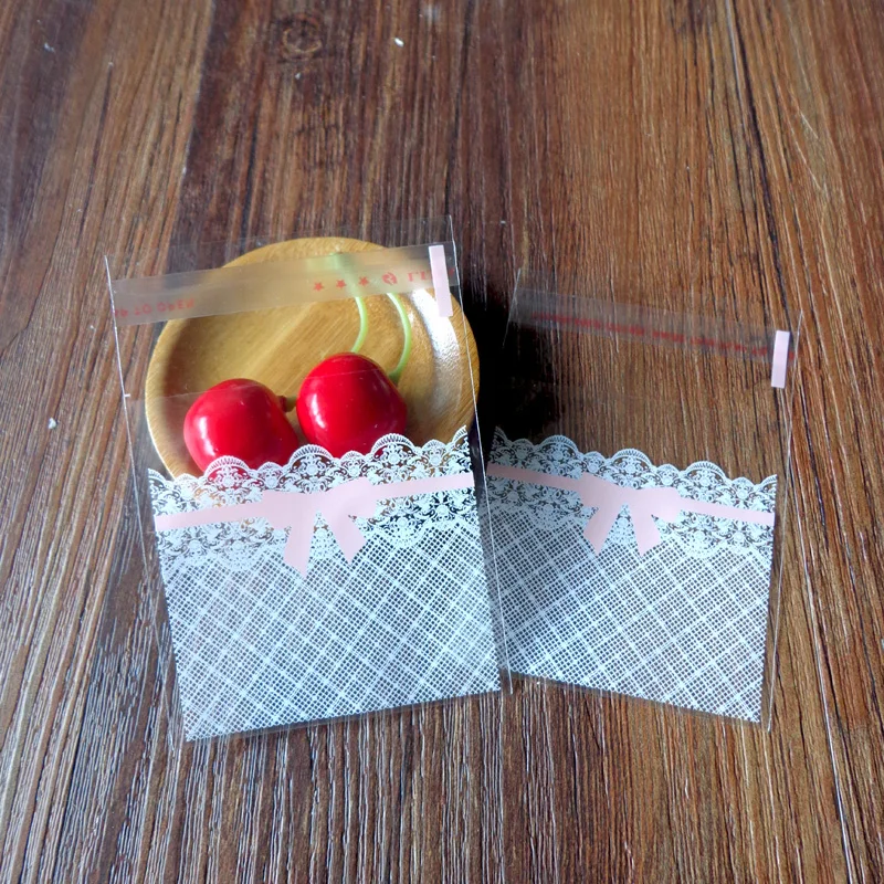 300pcs 7x7+3cm Lace and Bow Transparent Cookies Bags Self-adhesive Cellophane Bag Candy | Дом и сад
