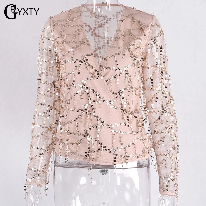GBYXTY Back Transparente Blusa Элегантные Блестки блузка рубашка женские топы с длинным