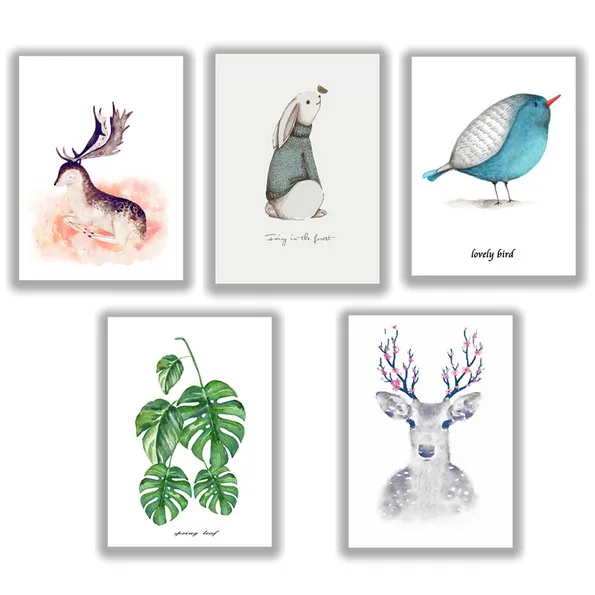 Животный постер с абстрактным принтом акварельная голова оленя листья настенная