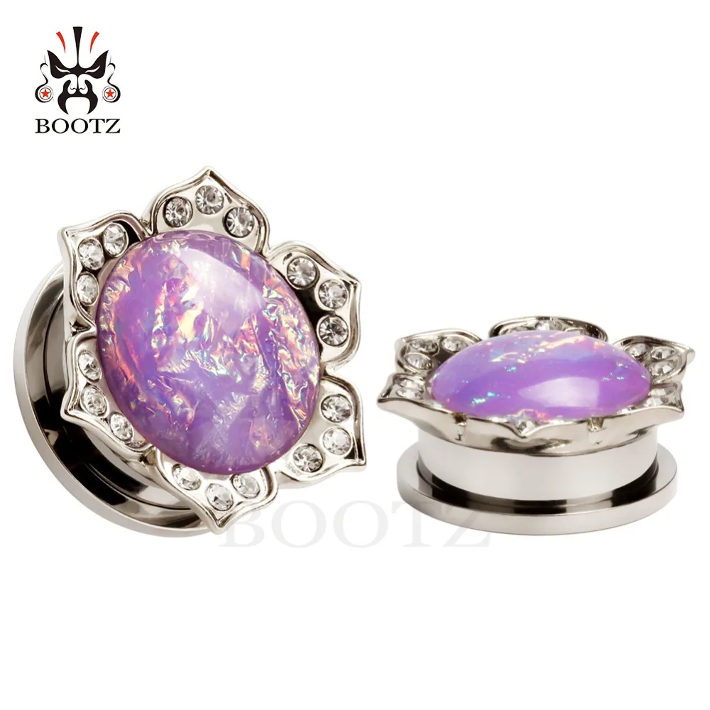 

KUBOOZ Stainless Steel Pink Ear Plugs Piercing Tunnel Crystal Body Jewelry Flash Ear Gauges Changing Colors Stone Design 2PCS