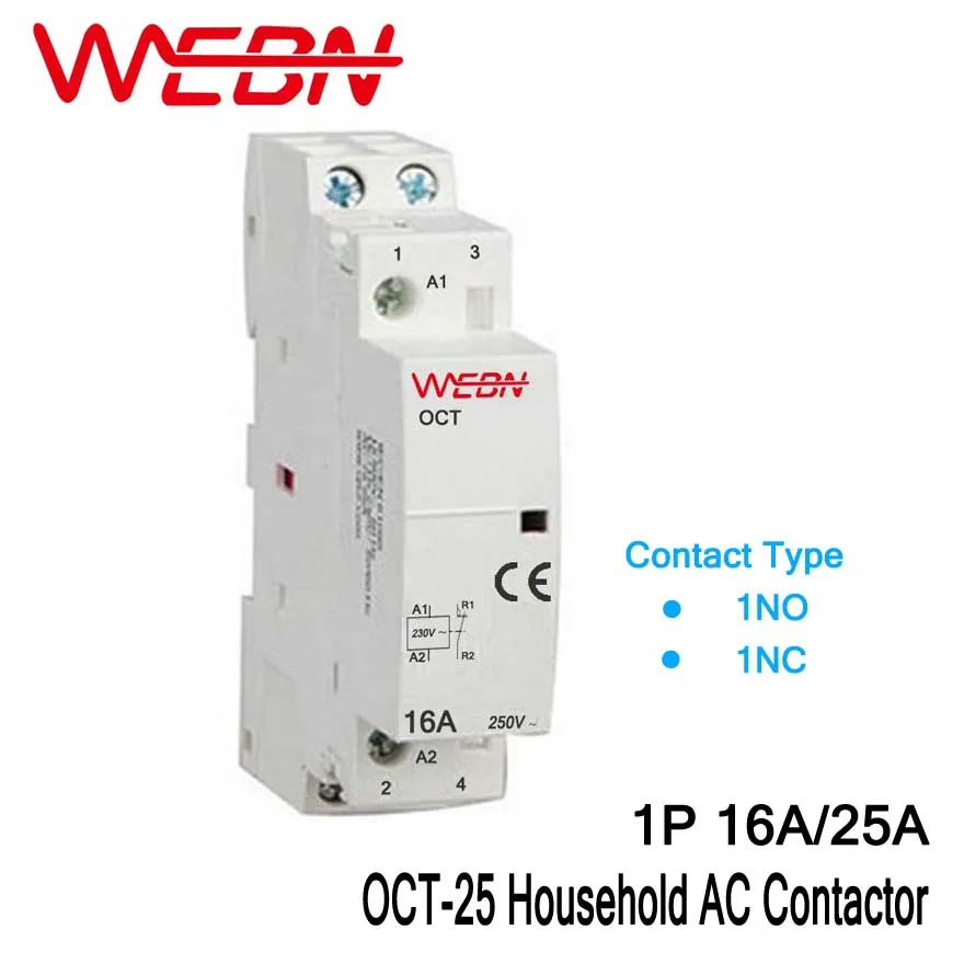 OCT Series 1P 16A/25A AC Household Contactor 230V 50/60Hz Contact 1NC/1NO One Normal Close or Normal Open  Din Rail Contactor