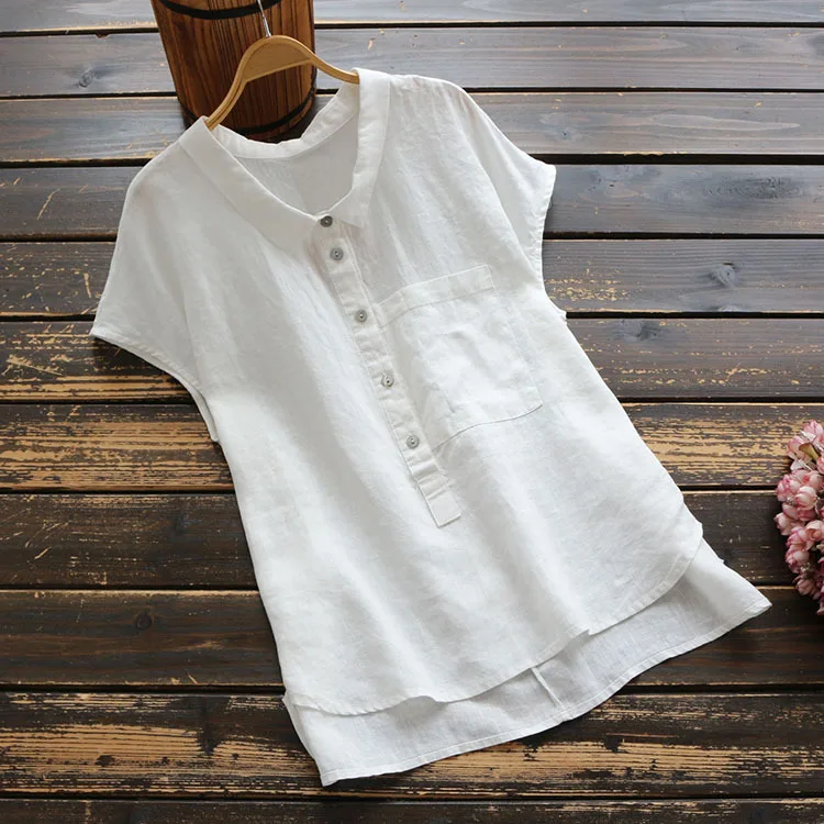 6441 Новая Летняя женская блузка из хлопка и льна Однотонная рубашка с отложным