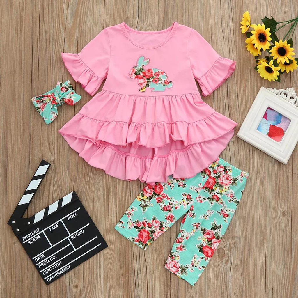 Детская одежда 3 предмета платье с цветочным рисунком и пасхальным кроликом для