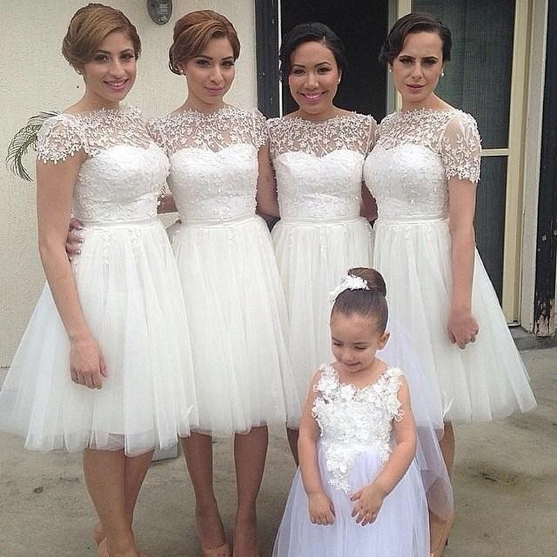 

A-line Scoop Neck Short Tulle Bridesmaid Prom Gown Wedding Party Dress Vestidos Dama De Honra Curto