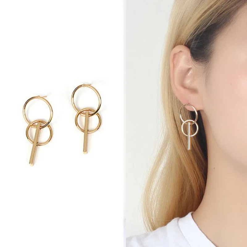 Милые корейские геометрические двойные круглые серьги гвоздики для женщин