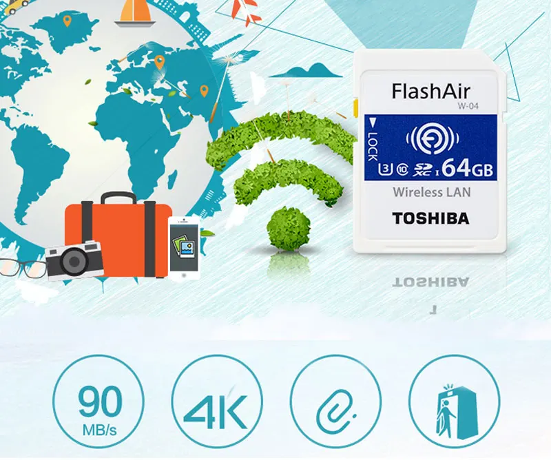 TOSHIBA W-04, Wi-Fi, SD карта, 32 ГБ, 64 ГБ, карта памяти U3, класс 10, FlashAir, беспроводная LAN SDHC UHS-I карта для 4k видео reecording камера