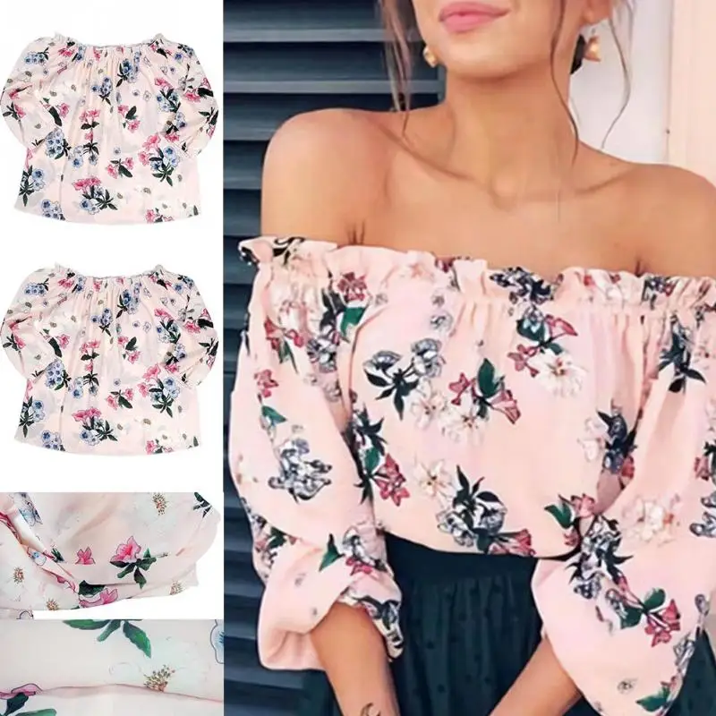 Women Girls Summer Chiffon Off Shoulder Floral Printed Long Sleeve Tops | Женская одежда