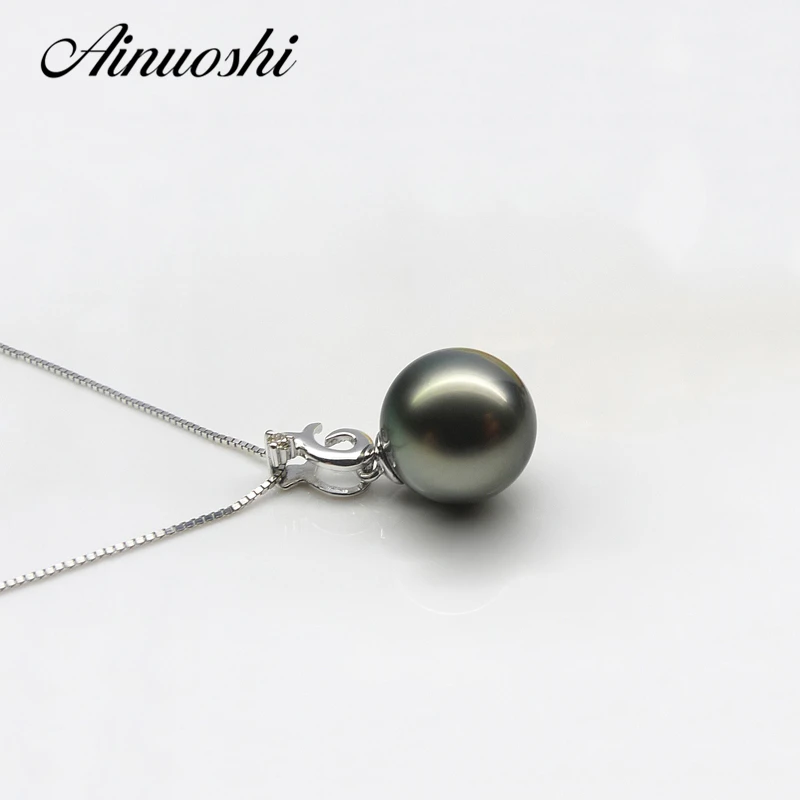 AINUOSHI Природный таитянская Черная жемчужина 9 5-10 м кулон ожерелье со звеньями 925