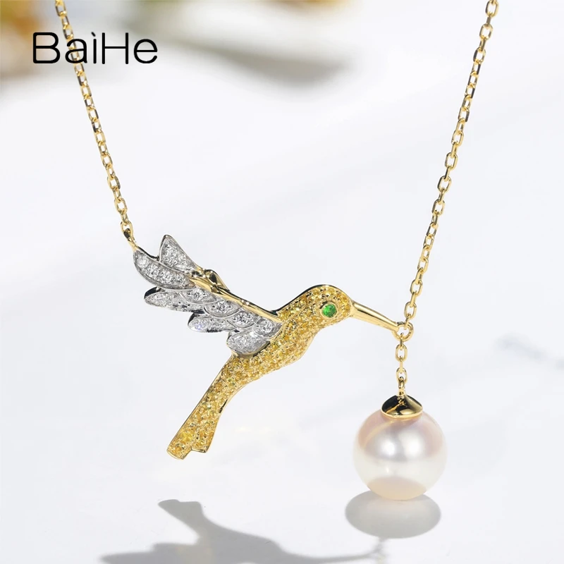 

BAIHE Solid 18K White+Yellow Gold H/SI 0.08ct Natural Diamonds Women Trendy Fine Jewelry Beautiful bird diamond pearl Necklaces