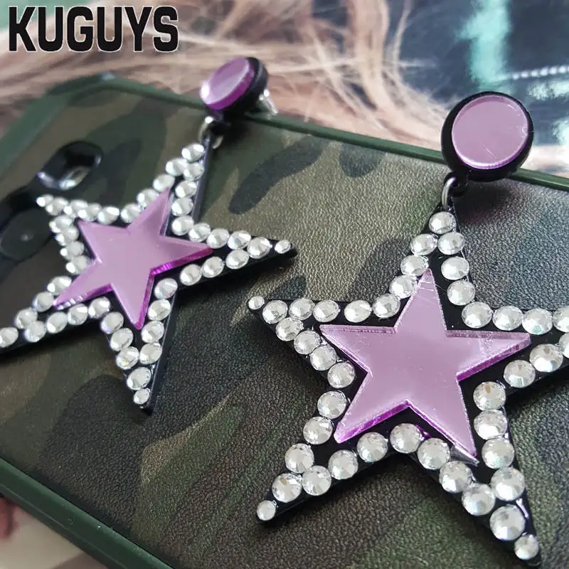 

KUGUYS Mirror Pink Star Pentagram Acrylic Earrings for Women HipHop Rock Large Dangle Drop Fashion Jewelry Accessories