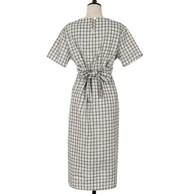 

2020 summer new vintage women plaid short sleeve dress slim high waist belted cotton and linen dress a-line
