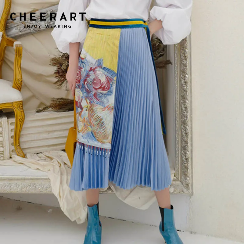 Cheerart винтажная плиссированная юбка миди женская синяя юбка с цветочным принтом 2 шт. Дизайнерская Женская юбка с запахом Осенняя уличная мода