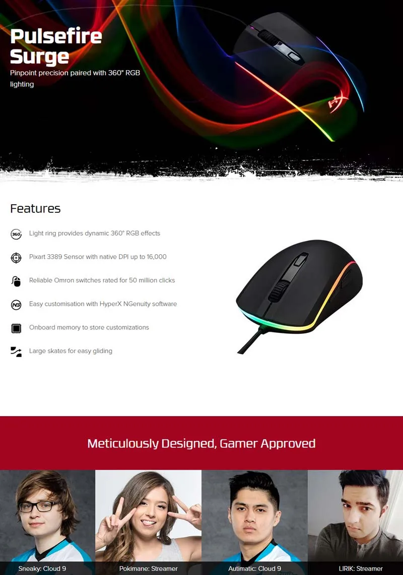 Игровая мышь kingston HyperX Pulsefire Surge RGB Lighting, топ-уровень FPS, производительность, сенсор Pixart 3389, с родным до 16000